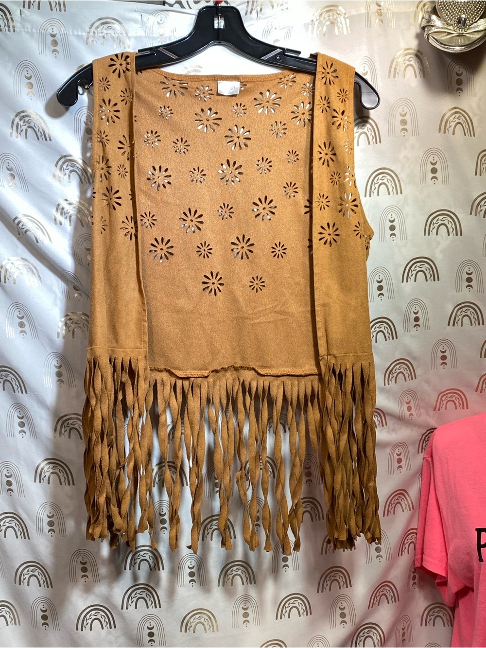 Suede Fringe Vest with Laser-Cut Floral Details - Camel - Picture 1 of 7